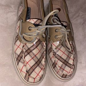 NEW W/O tags SPERRY TOP-SLIDER boat shoes- tan plaid with sequins size W’s 7.5